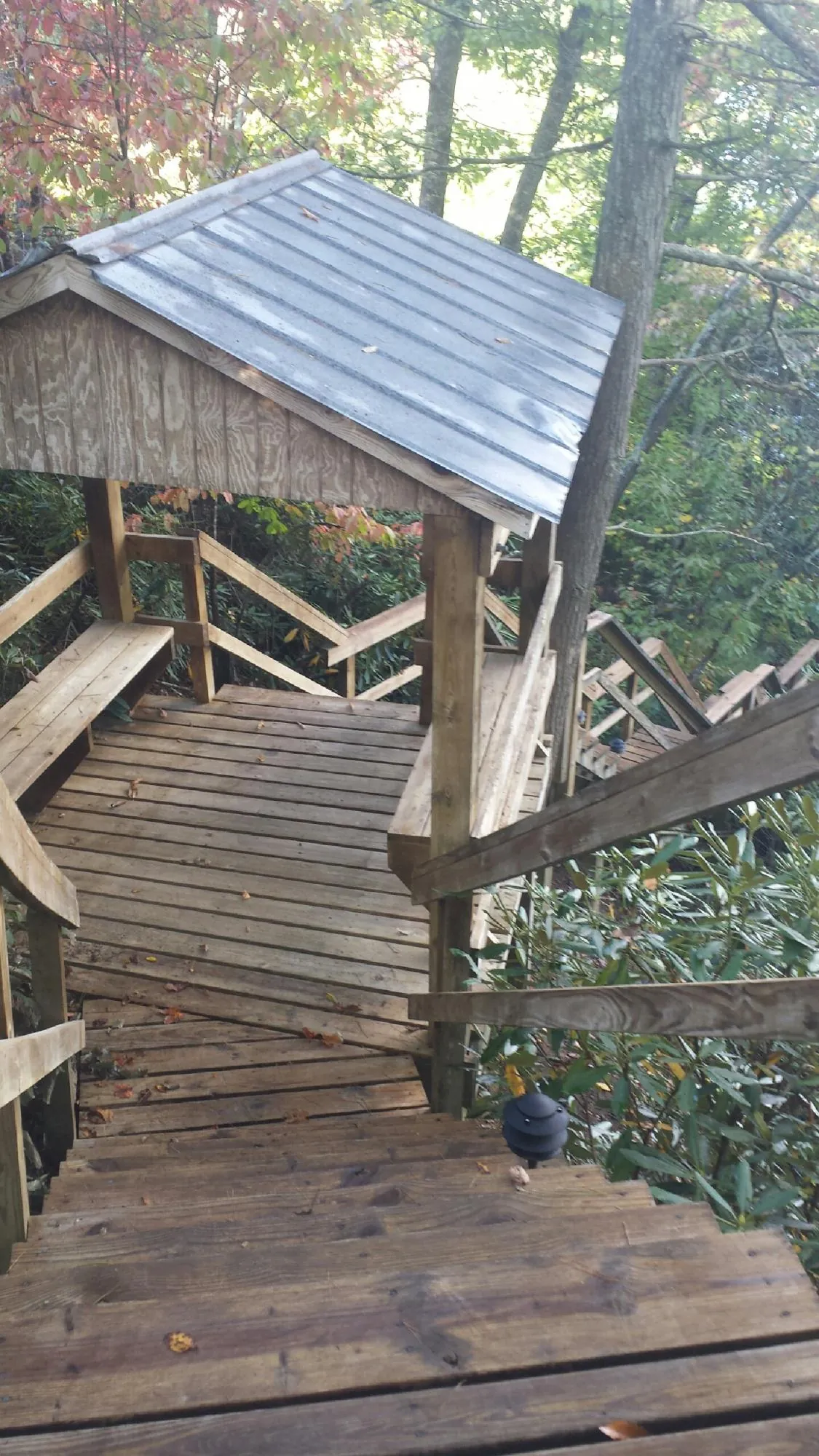 Metal roofed shelter over wooden steps on a wooded walkway — Skylight Repair & Installation work by our crew in Three Springs